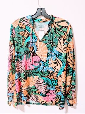 V-Neck Tropical Print Tunic Top in Green, Pink & Orange